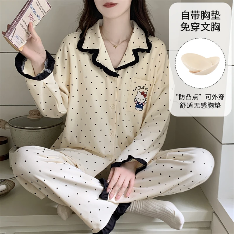 芯语婷春秋季黑色波点凯蒂猫甜美睡衣女带胸垫甜美卡通家居服套装