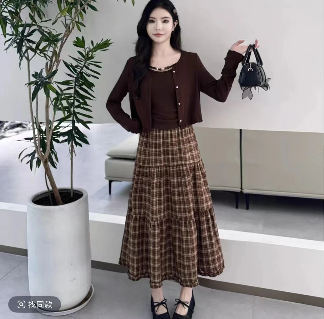 F1819{衣长42+裙长84}秋季新款时尚百搭宽松休闲长袖半身裙三件套