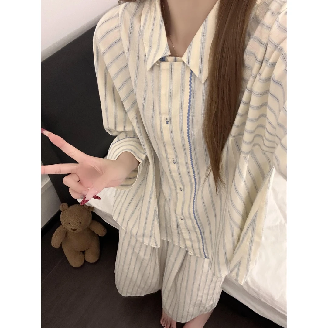 韩系少女撞色条纹设计感休闲睡衣女款夏季新款长袖长裤家居服套装