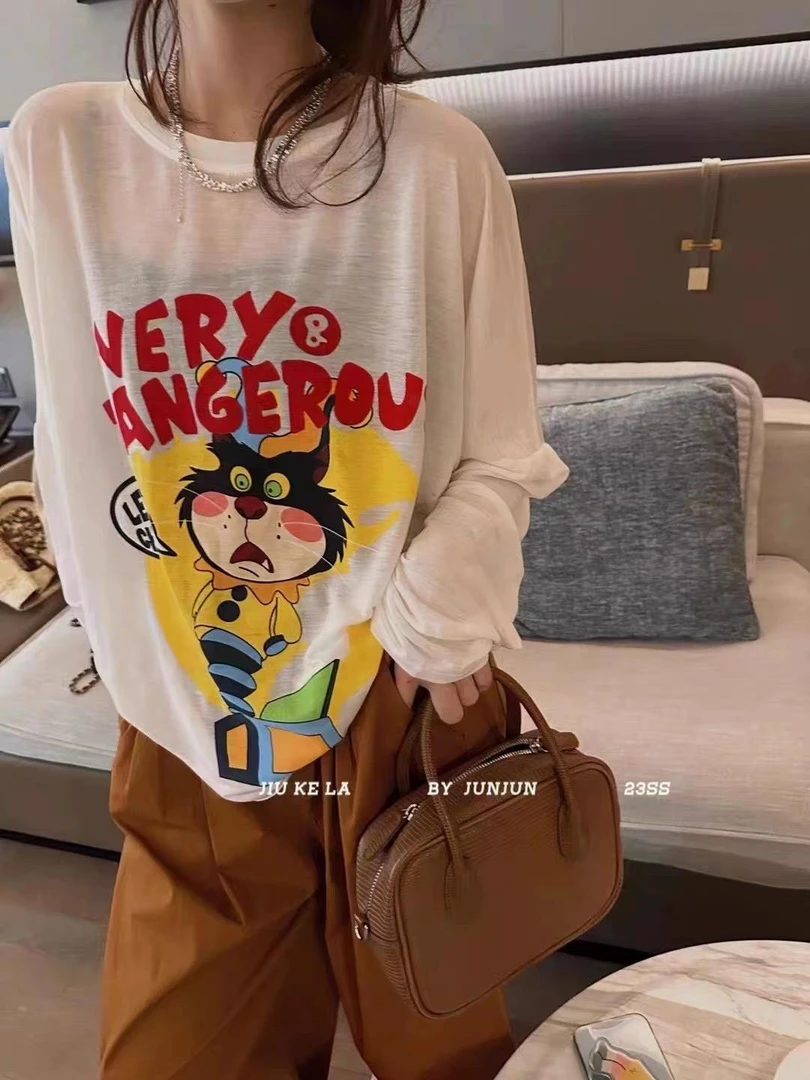 雪花棉防晒白色长袖t恤女夏季设计小众印花宽松chic港味罩衫上衣