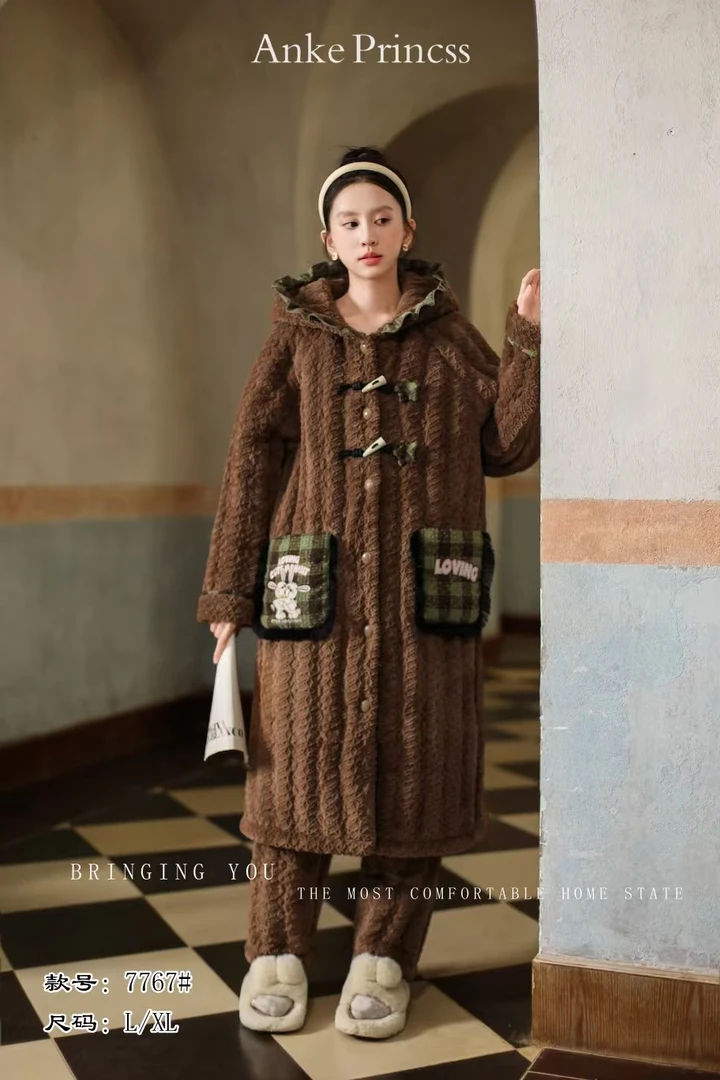 7767长款安美款连帽女冬季加厚保暖家居服舒适