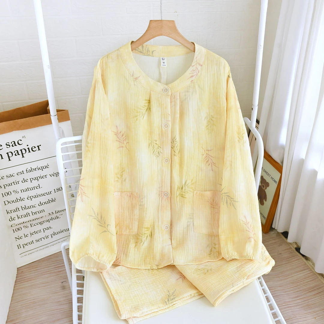 【琥珀流光风】秋款棉纱睡衣女纯棉A类长袖秋冬圆领全棉家居服套装