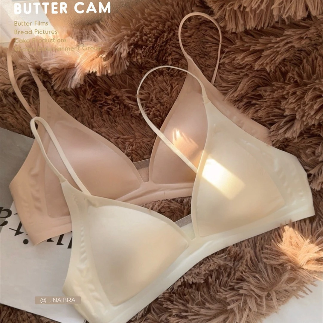 原版法式油光绸缎无痕小胸内衣女深V领细肩带薄款无钢圈文胸罩夏