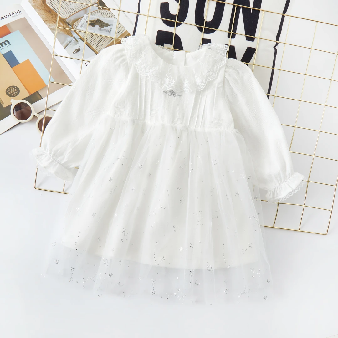 【白月光】B108女童洋气春款连衣裙娃娃领蕾丝纱裙韩版百搭可爱裙子