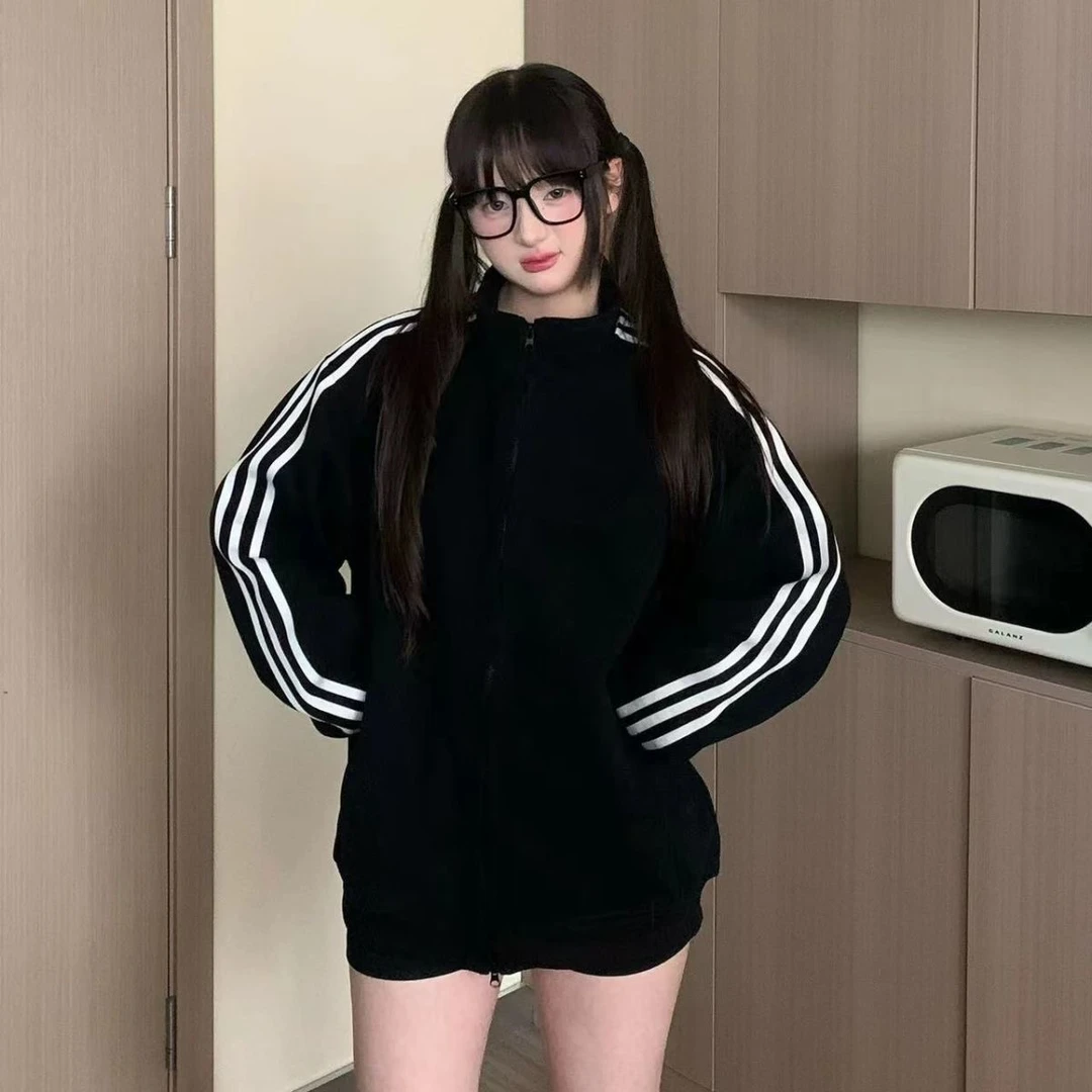 秋冬新款美式三条杠开衫卫衣女高能感穿搭潮牌ins风宽松外套