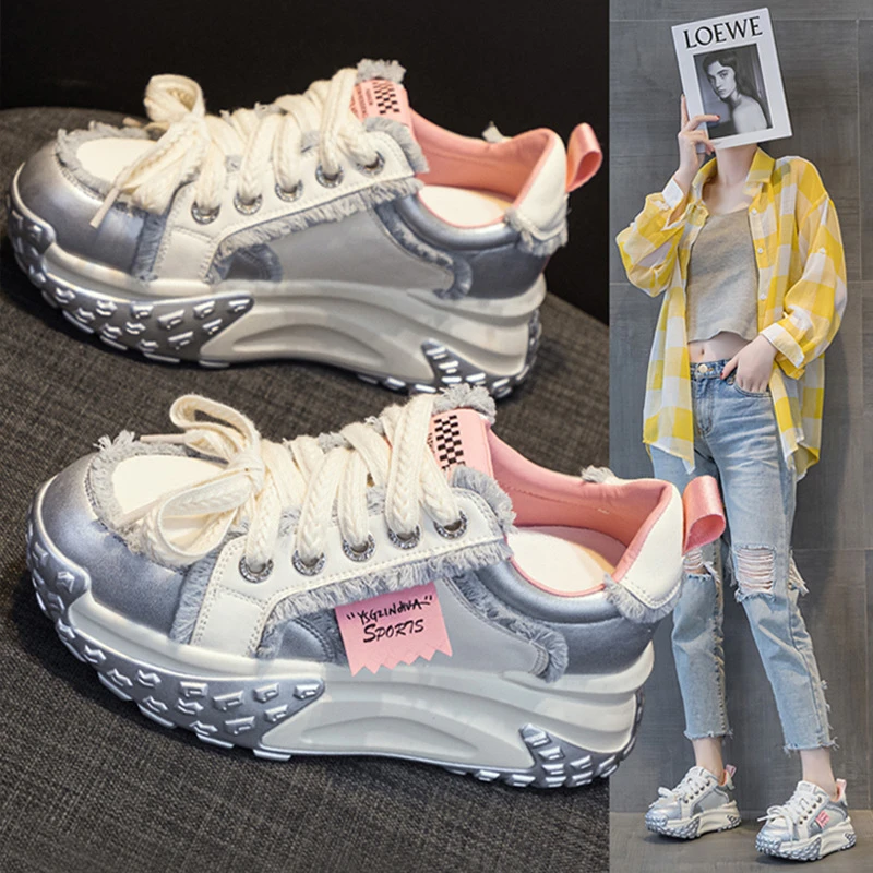 网红时尚百搭显脚小女鞋2025春秋款厚底运动跑步鞋小个子增高鞋