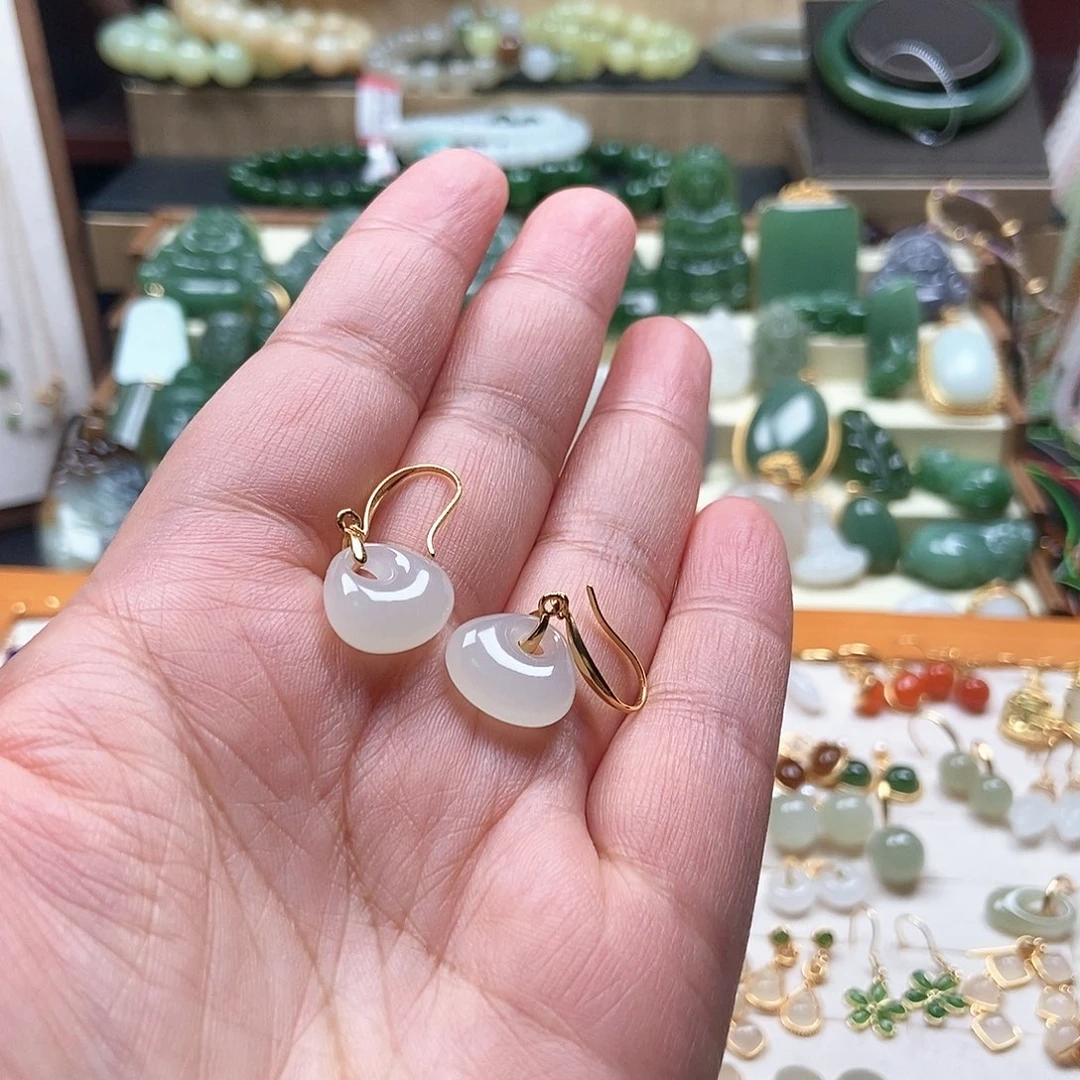 和田玉银S925镶嵌耳饰小*