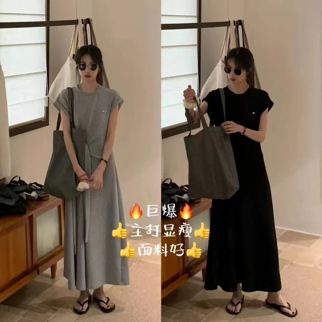 吸汗夏季长裙常规套头款连衣裙收腰气质中长款休闲