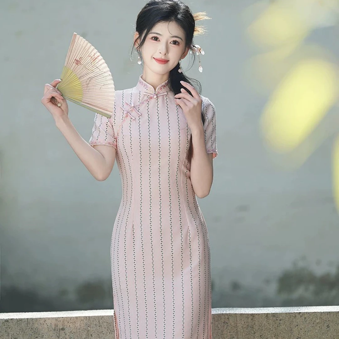 【2801 文艺风 条纹 粉色】显瘦气质修身优雅复古中国风旗袍