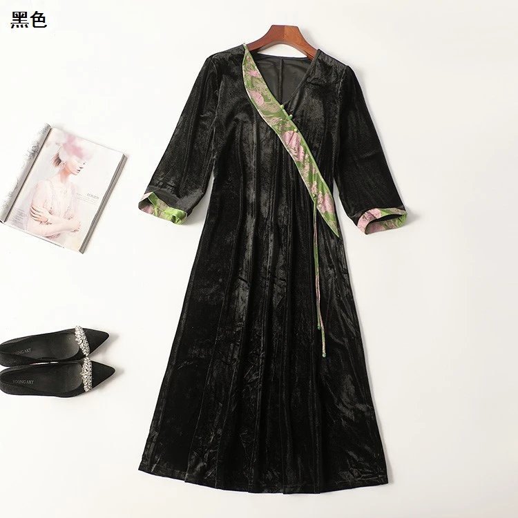 245362春加长款九分袖V领连衣裙新奇特超值品质女装