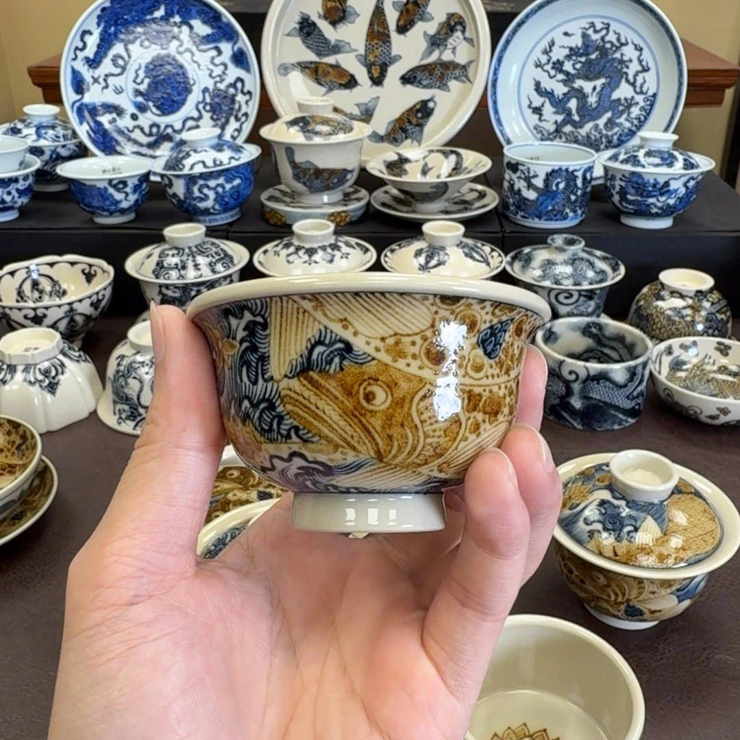 杯子陶二号釉海浪鳜鱼小压手杯