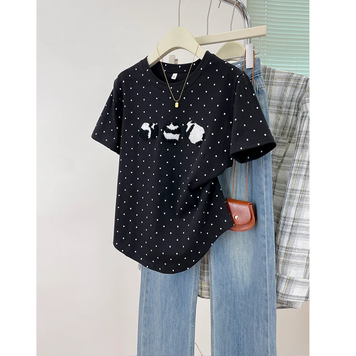 小个子通勤百搭上衣服熊猫植绒波点短袖t恤衫宽松显瘦chic女装潮