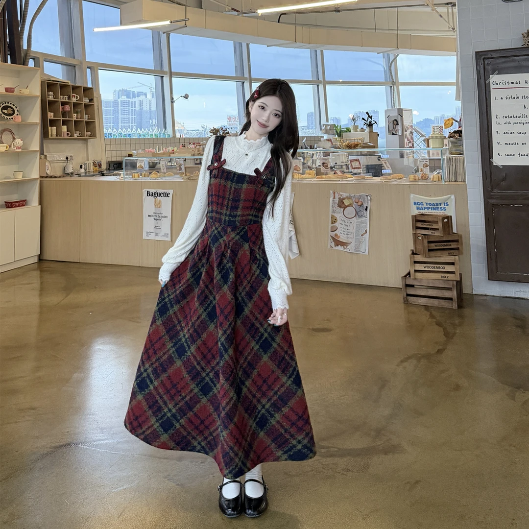 胖mm学院风毛呢格子连衣裙秋冬新年战袍红色假两件长款连衣裙6727