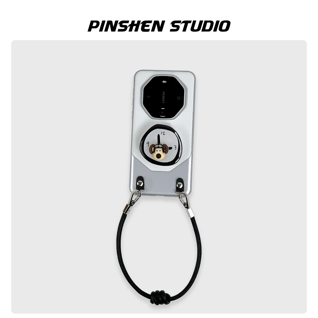 银沙白时钟旋转掌门狗支架手提斜挎皮绳适用华为mate80pro手机壳