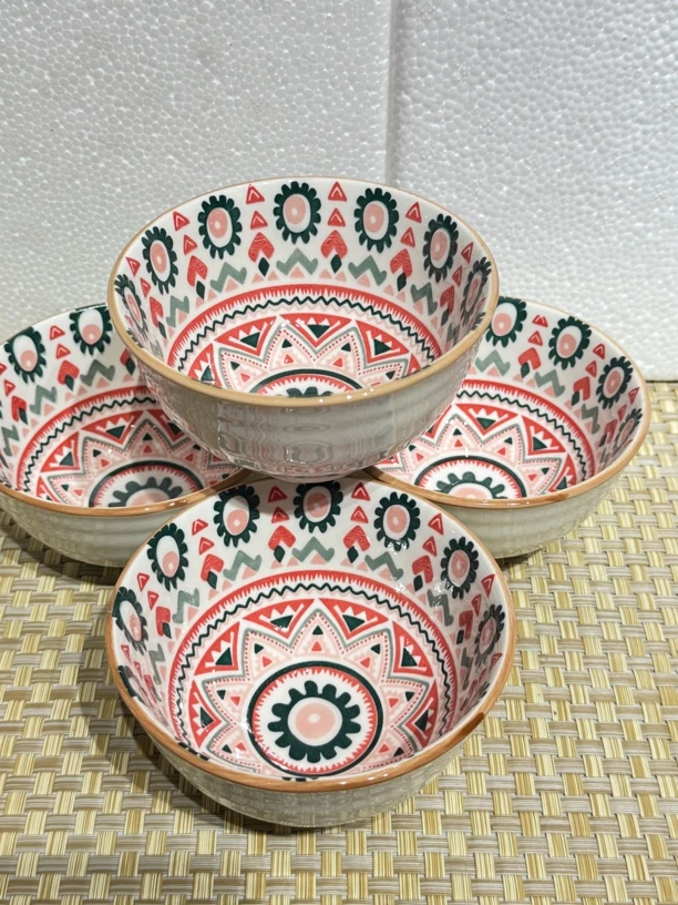 波西米亚风高温釉下彩双耳大碗4.5英寸米饭碗高脚米饭发4个（微瑕）