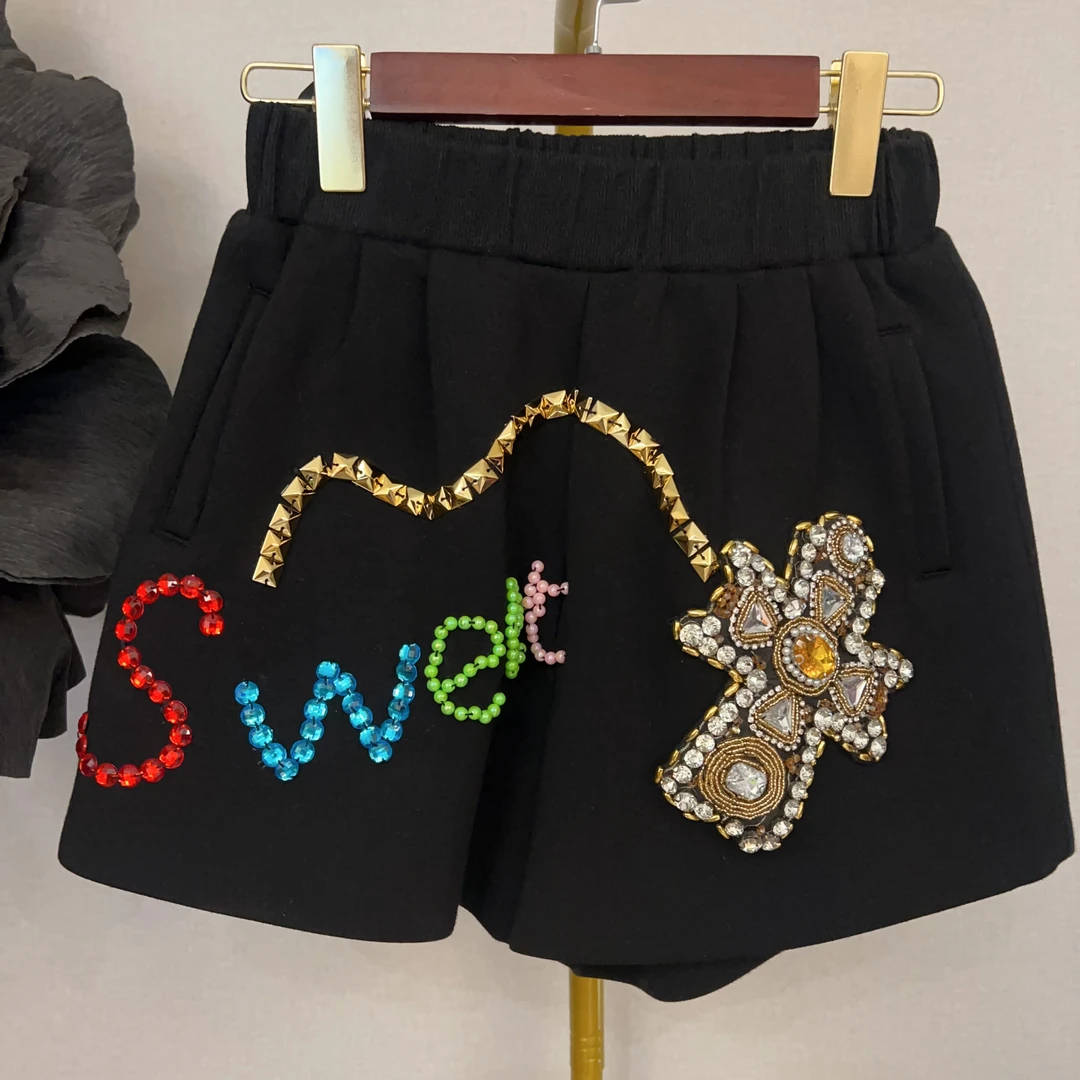 RR2061锐宝潮牌手工手绣十字架弹力高腰花纹常规款透气短裤