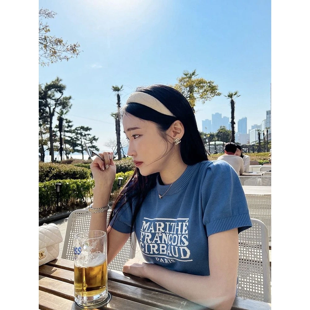 现货韩系女装夏季新款M*rithe纯棉短袖针织衫泡泡袖坎肩短款上衣