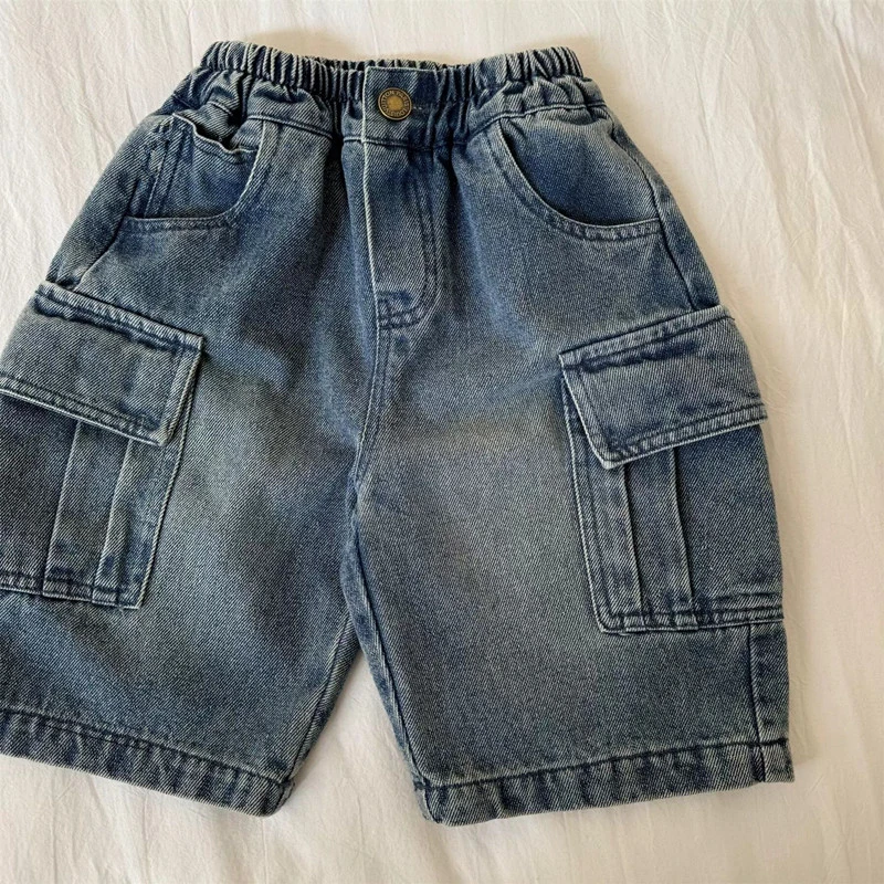 儿童牛仔短裤2025夏男童日系口袋工装休闲裤宝宝小童洋气五分裤潮