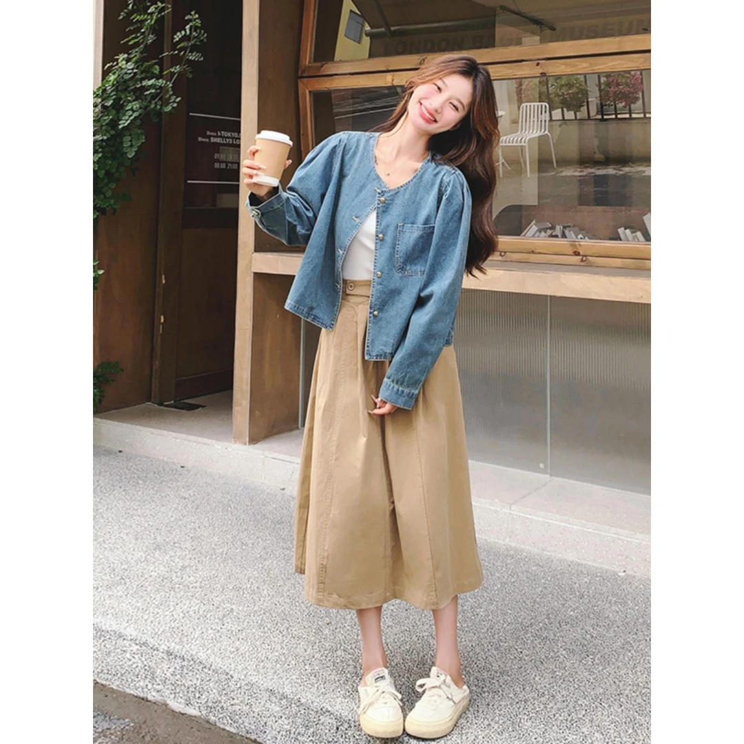 蓝色牛仔短外套卡其色半身裙两件套女春季新款显瘦气质超好看套装