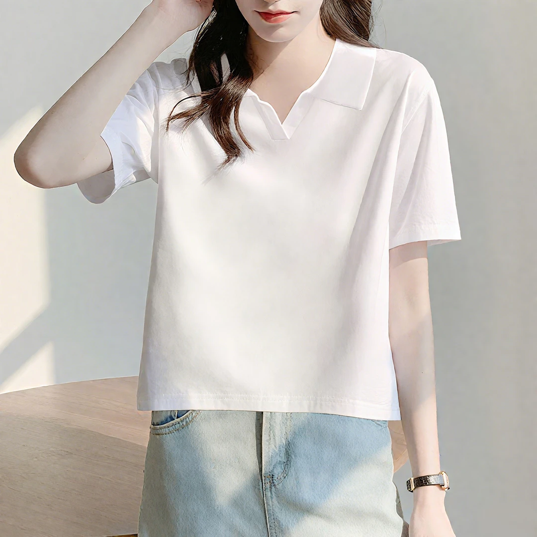2025新款夏POLO领棉质白色短袖女t恤百搭显瘦正肩打底衫休闲上衣