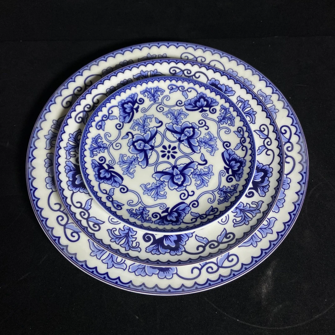 青花镁质瓷圆平盘家用套装乔迁餐具高颜值餐具外贸尾单