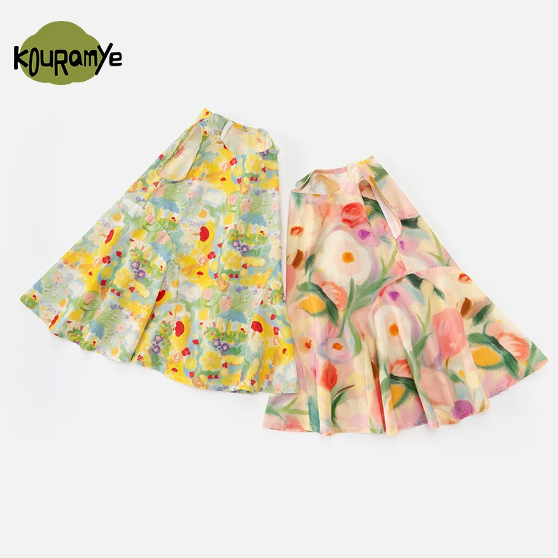 酷娃米2025年夏季新款中小女童百搭油画小花背心连衣裙40109