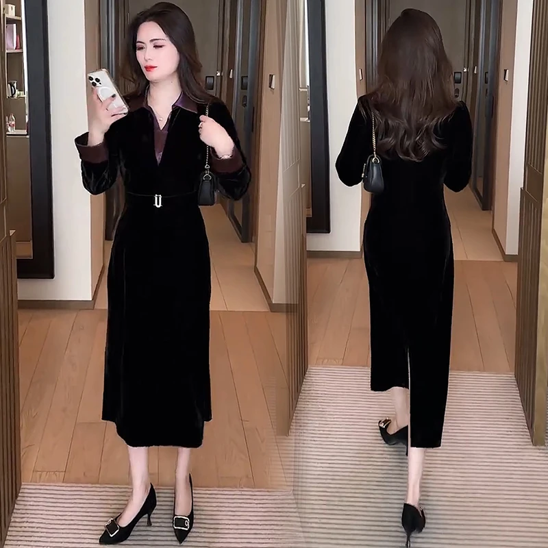 时尚长袖连衣裙女2025春季新款洋气显瘦收腰中长款时髦气质裙子潮
