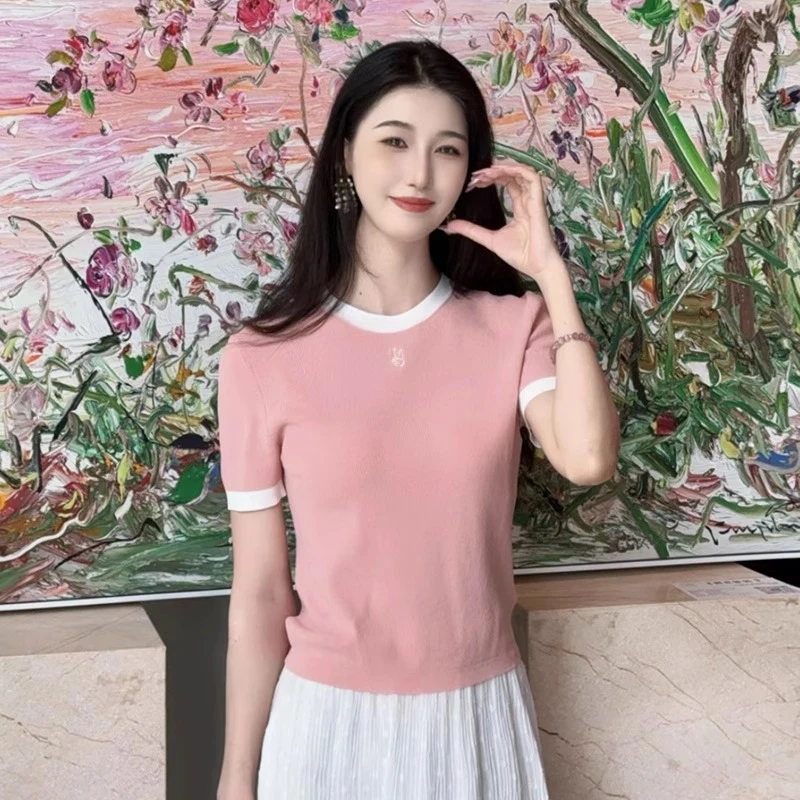 【专柜品质】夏季新款气质修身显瘦撞色拼接短袖针织衫T恤女138012