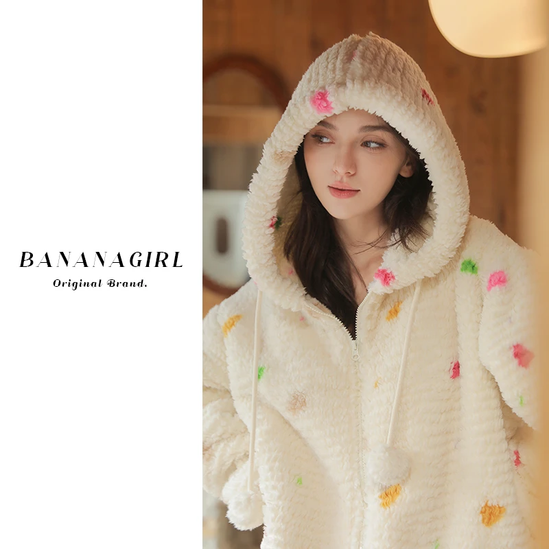 Bananagirl睡衣秋冬女宽松保暖大码长袖加绒加厚连帽外套家居服