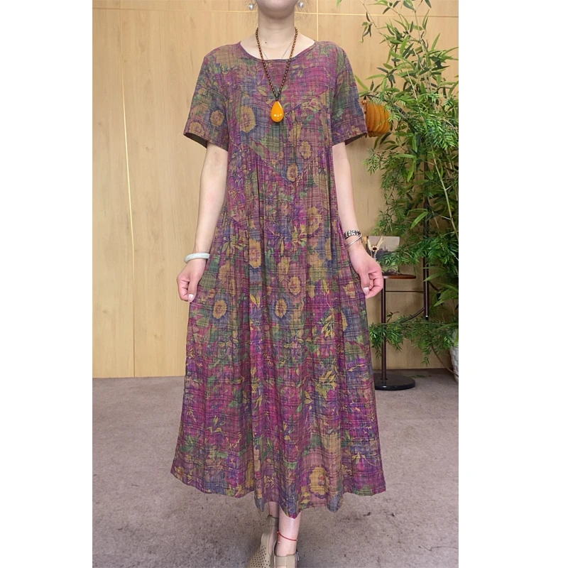 紫红色7色--透气凉爽百搭遮肉减龄时尚高端洋气连衣裙宽松妈妈装