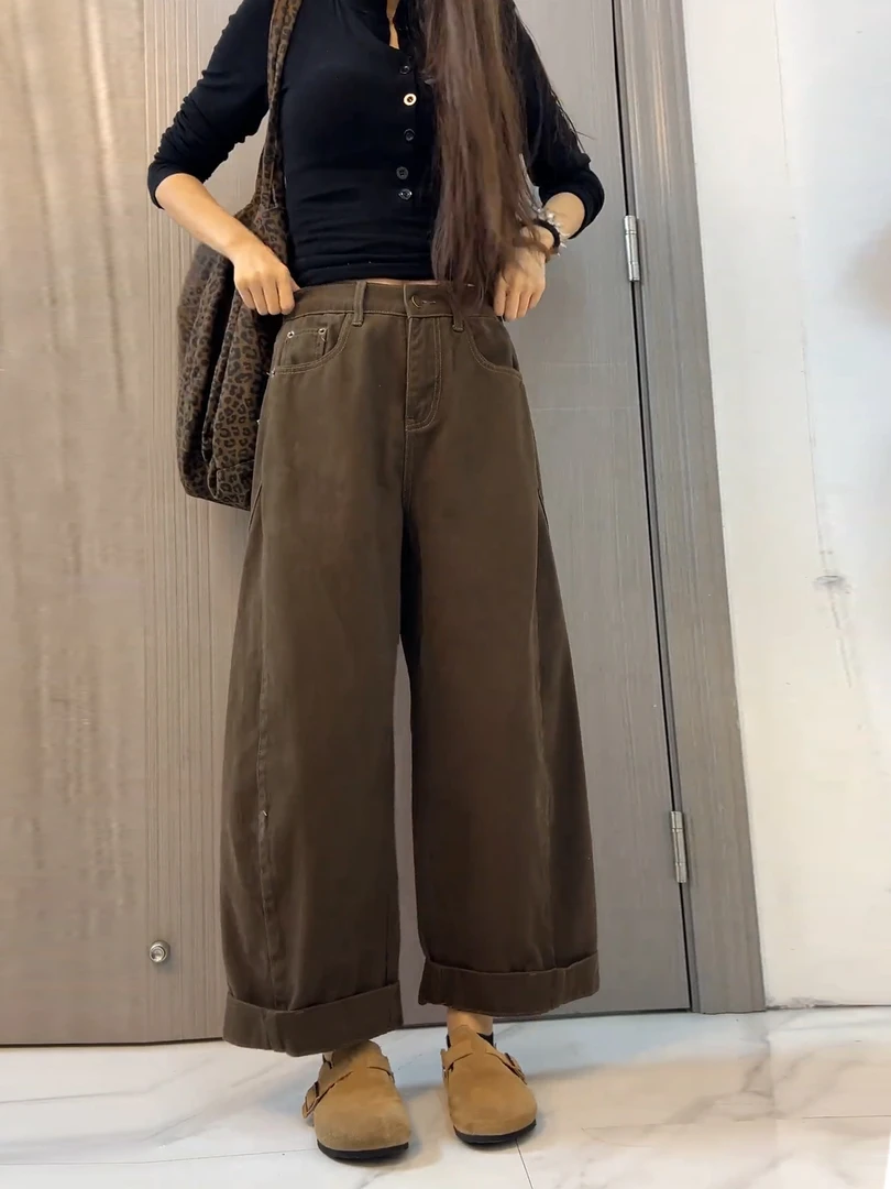 阔腿牛仔裤女2025秋季新款高腰宽松大码慵懒风好看九分直筒哈伦裤
