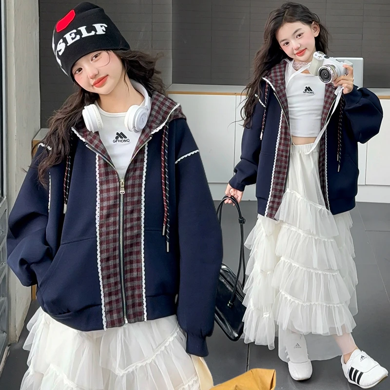 女童秋季休闲外套2025新款儿童韩系拼接连帽上衣时髦女孩百搭夹克