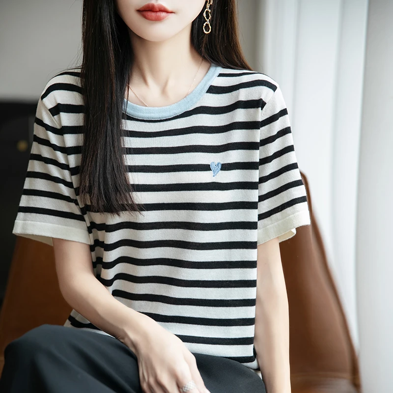 哥弟阿玛施正品女装条纹短袖圆领针织T恤拼色休闲百搭韩版时尚t恤