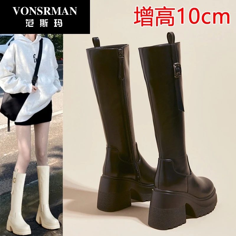 内增高长筒靴女2025秋冬季新款厚底不过膝高筒靴小个子显瘦骑行靴