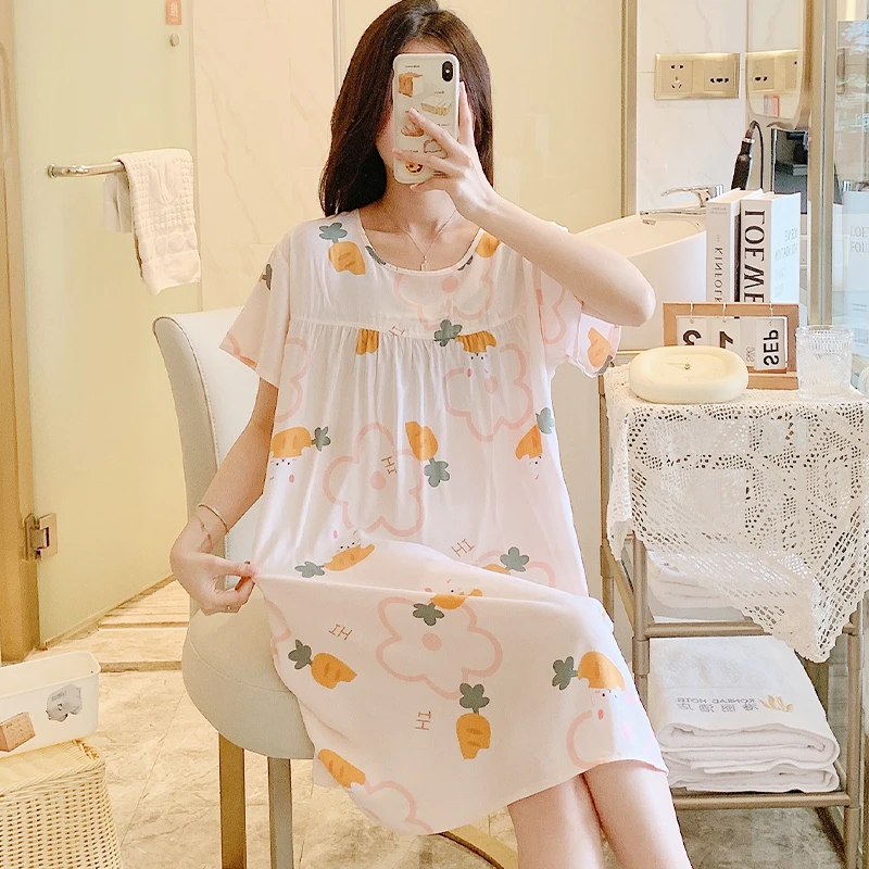 【居琪】2302薄款女夏季长裙甜美短袖长款薄款女睡裙春夏裙子中长款