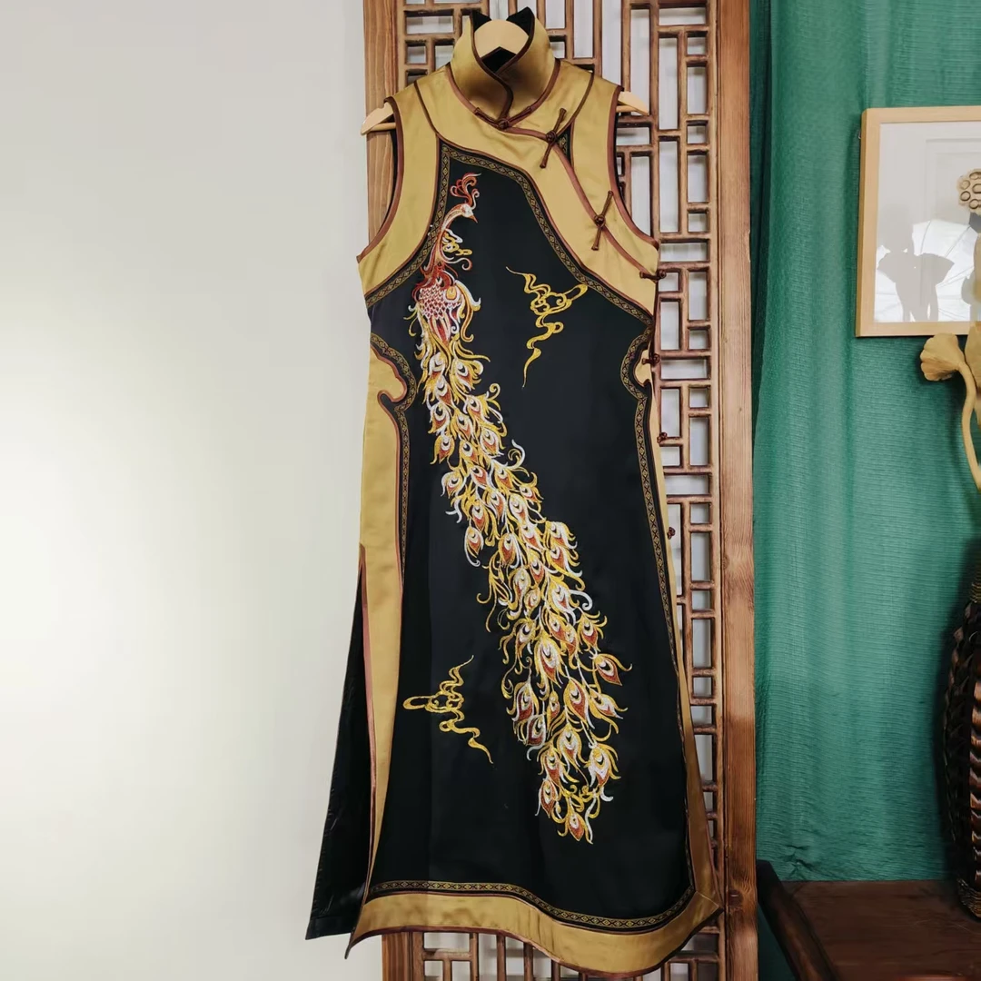 （LS743-3) 凤徕兮私人定制黑色光板底盘金凤刺绣斜襟盘扣旗袍裙
