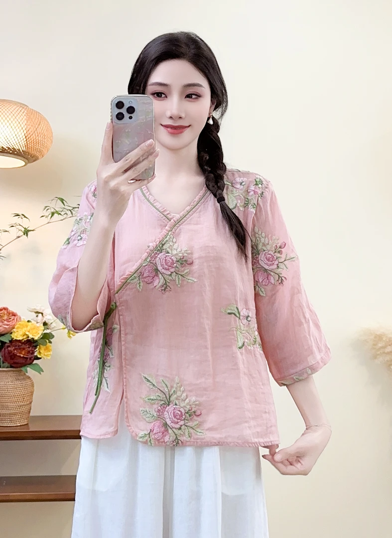 【叶子原创】防晒复古刺绣宽松中国风茶服夏季衬衫不褪色斜襟古风