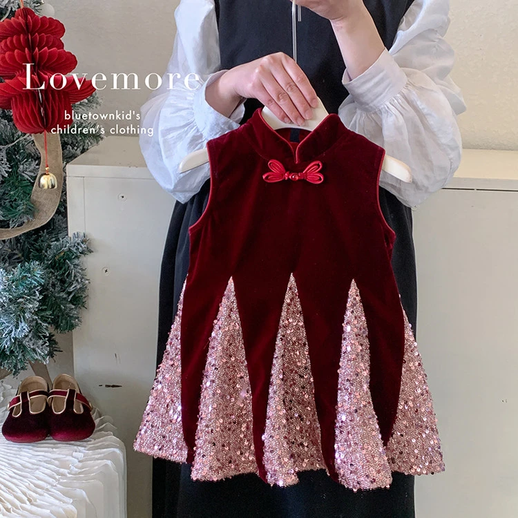 女童中国风冬季连衣裙2025新款秋冬无袖加绒中国风亮片连衣裙