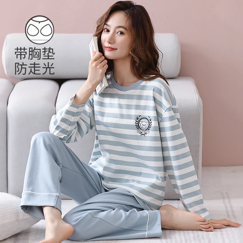 带胸垫睡衣女春秋季纯棉长袖一体式100%全棉免穿文胸可外穿家居服