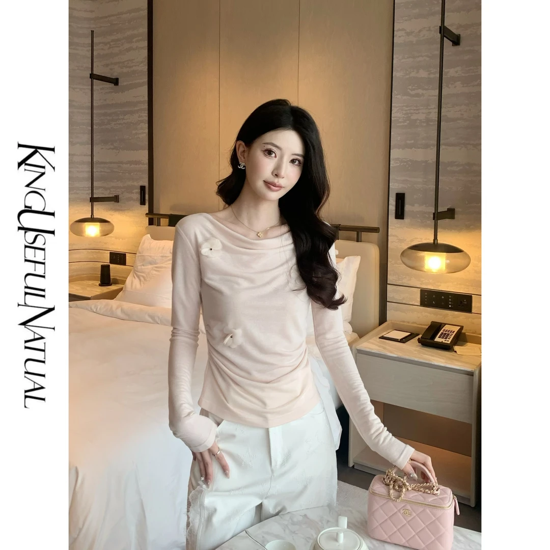KUN【德莱茜小姐】淡颜天菜手缝立体花朵荡领斜肩正肩两穿打底衫