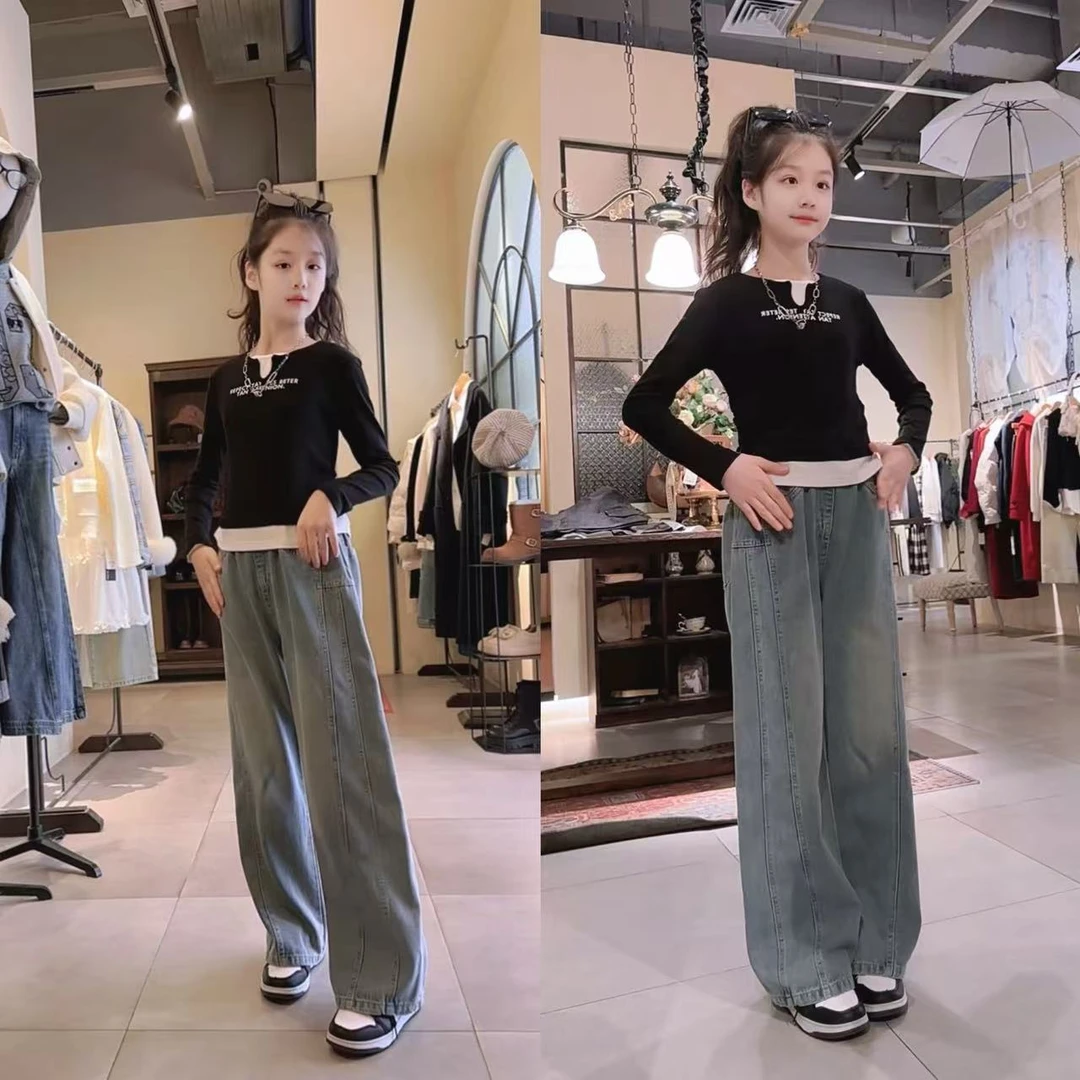 女童春秋牛仔裤百搭裤中大童高腰韩版秋季牛仔女大童牛仔阔腿裤