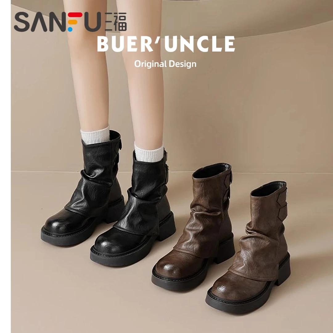 三福透气短靴女鞋单靴2025春秋新款厚底时尚裤管骑士鞋爆款马丁靴