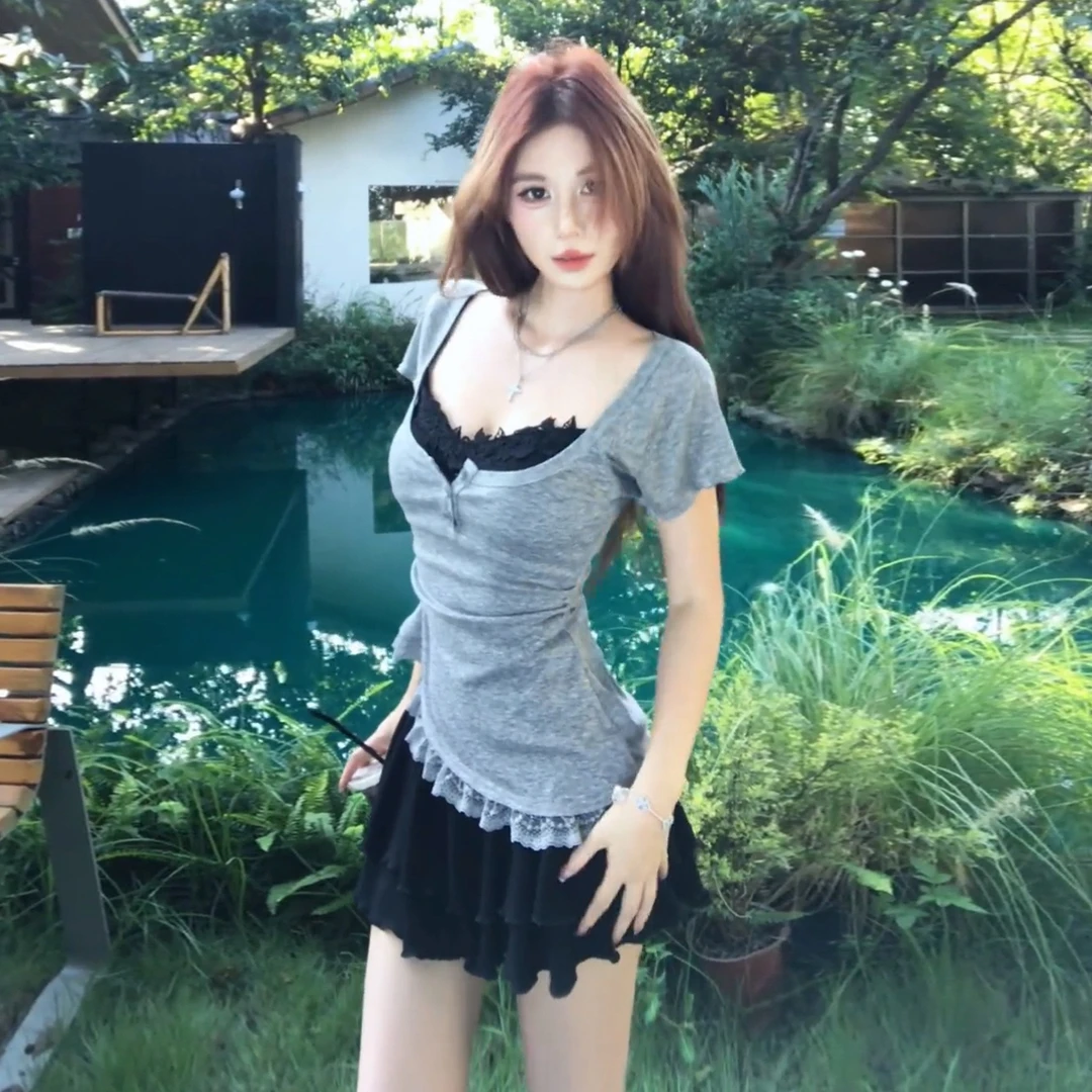 夏日绝美辣妹收腰气质蕾丝吊带连衣裙子女2025新款度假风短裙套装