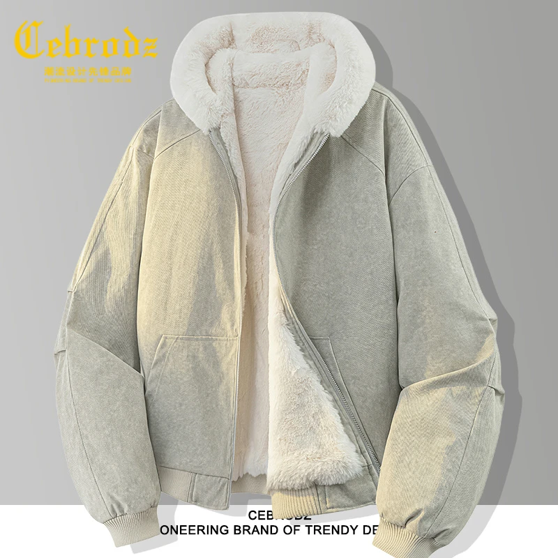 法国Cebrodz加绒外套男款秋冬季保暖加厚仿兔毛领连帽棉服男夹克