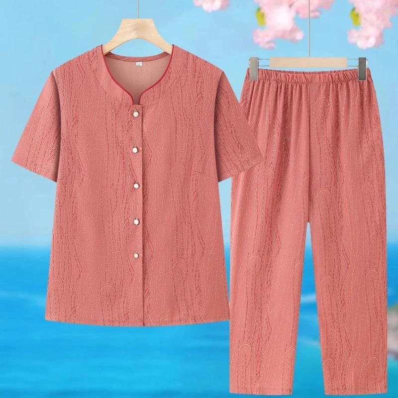妈妈夏装套装奶奶装短袖开衫老太太上衣服中老年人女装夏季两件套