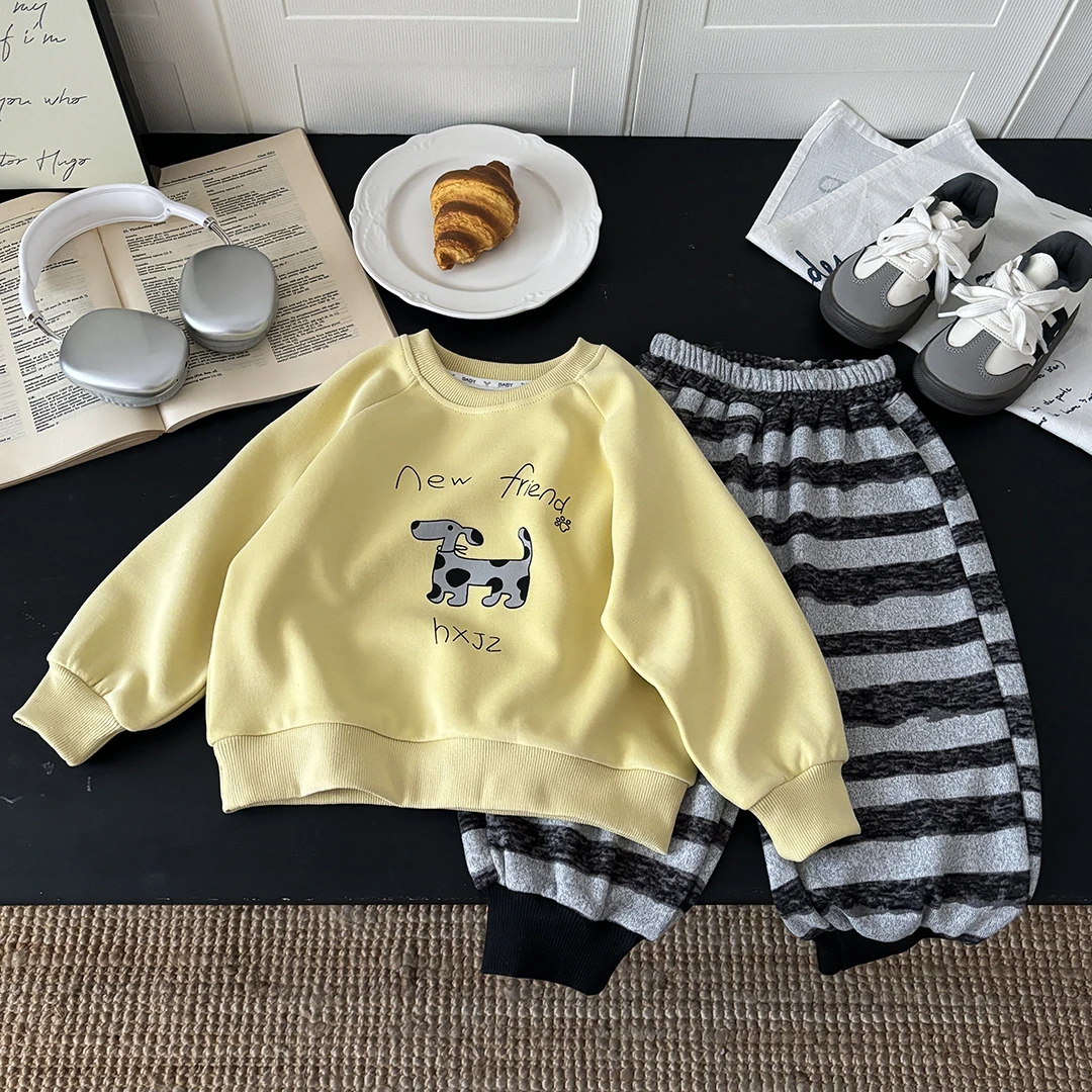 儿童2025新款春秋棉质卫衣套装洋气韩版百搭中小童圆领卡通男女童