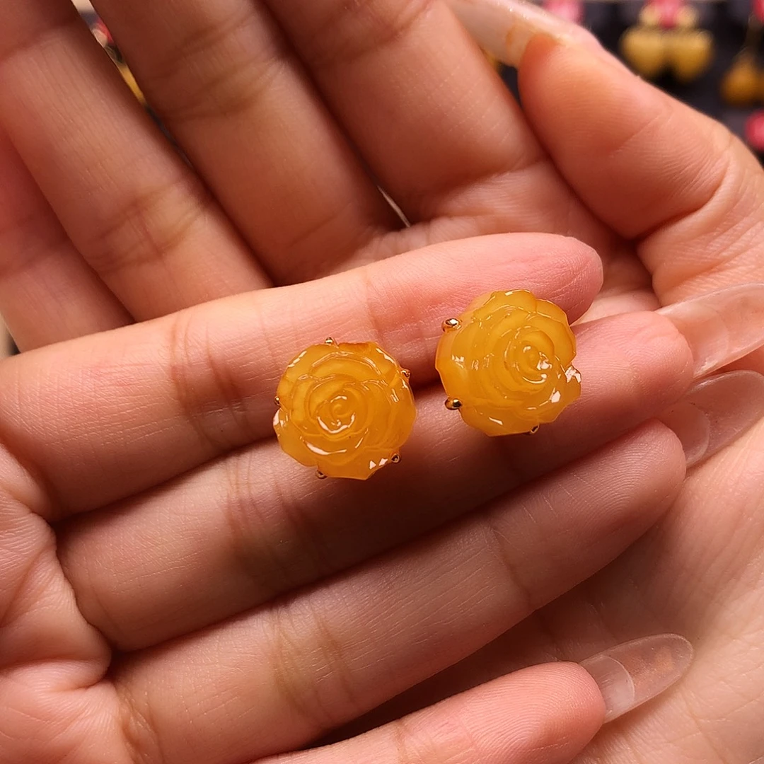 蜜蜡银S925镶嵌耳饰耳钉