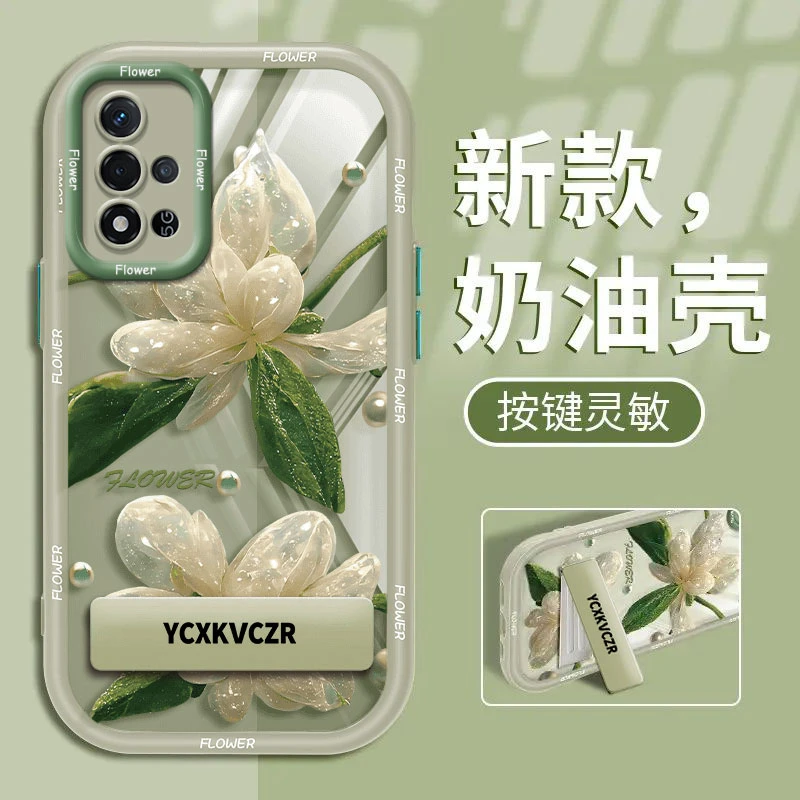 适用于OPPO A93s手机壳绿叶仿真花实色奶油壳硅胶全包创意防摔女