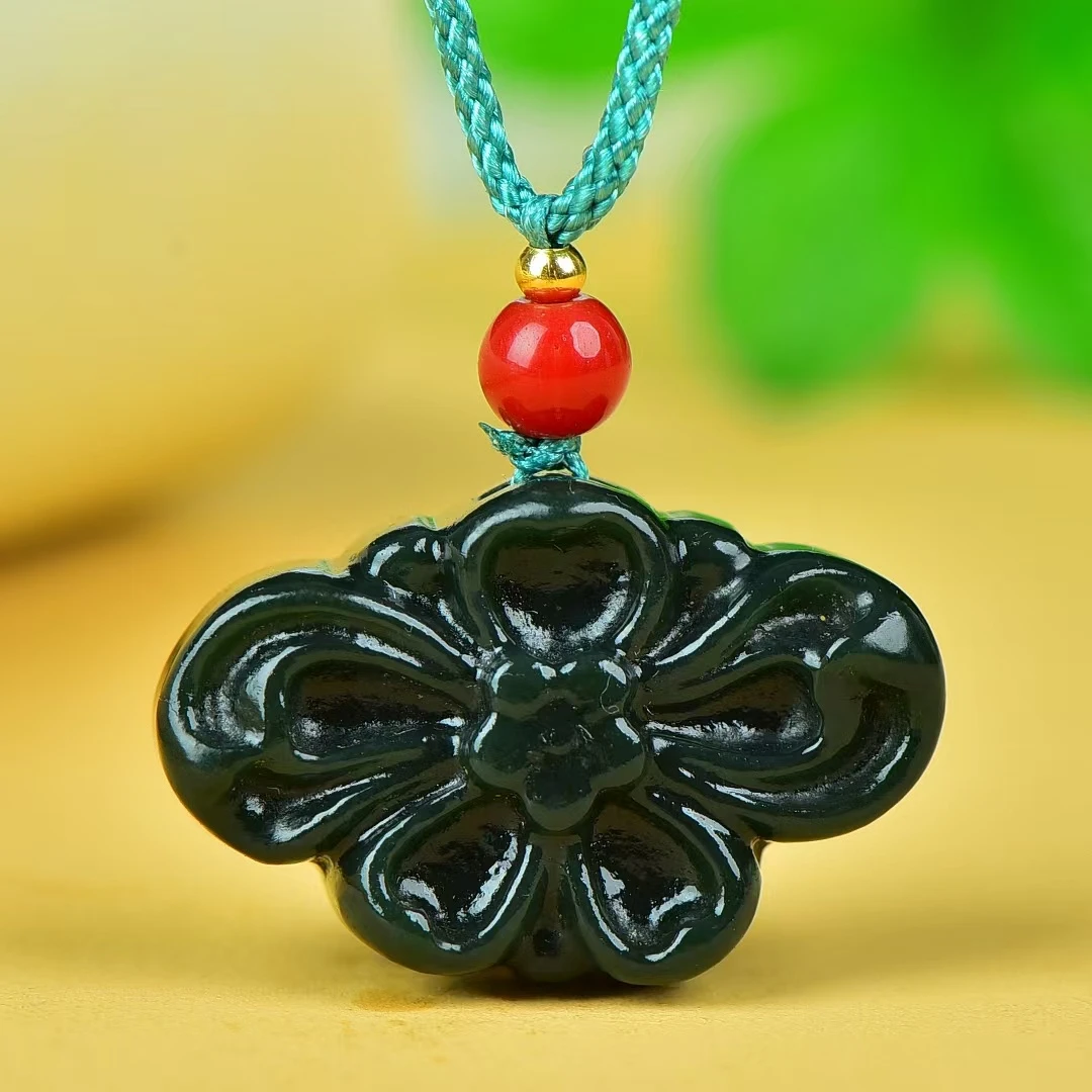 天然和田青玉精雕刻吉祥花吊坠挂件男女款精美时尚吉祥花吊坠玉坠