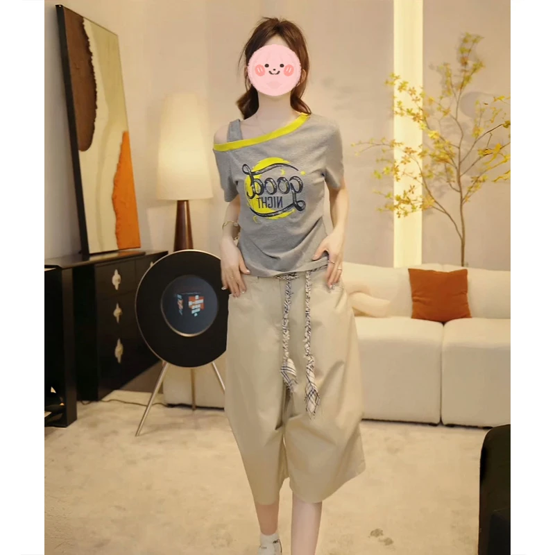 美式辣妹斜肩撞色短袖t恤夏季新款百搭慵懒风绑带高腰七分裤套装